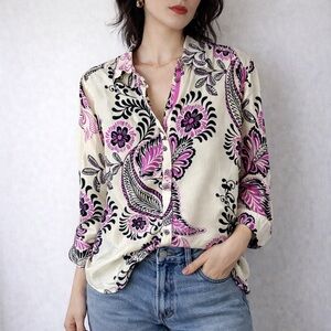 Johnny Was Melaney Cream Pink Silk Paisley Button Down Shirt Small Boho